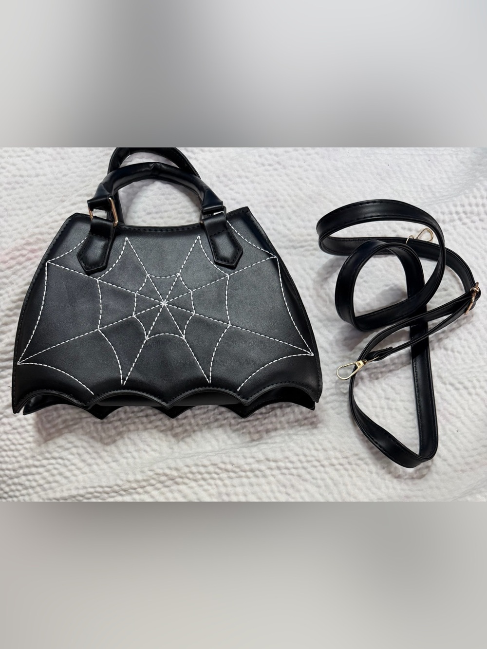 Black Spiderweb Stitch Batwing Crossbody Handbag